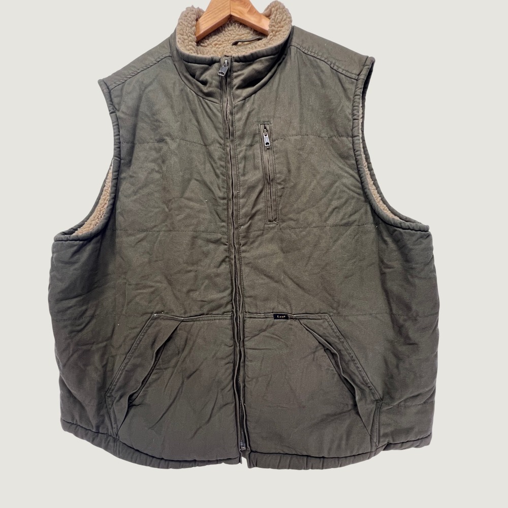 Lee Premium Select Men XL Sherpa Lined Canvas Utility Workwear Vest Olive Zip Up